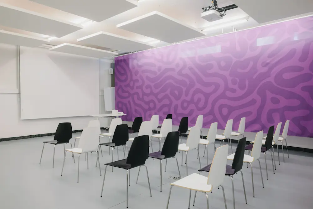 Motif graphique représentant l’écosystème d’innovation du Seed Lab, espace de coworking étudiant situé à la HEG Fribourg en Suisse.